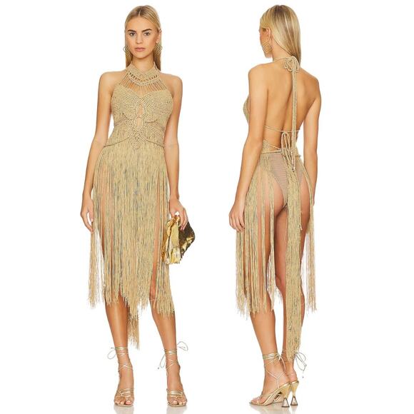 Mes Demoiselles Paris Mimi Crochet Dress Halter Goddess Sexy Fringe Beachy Sz S